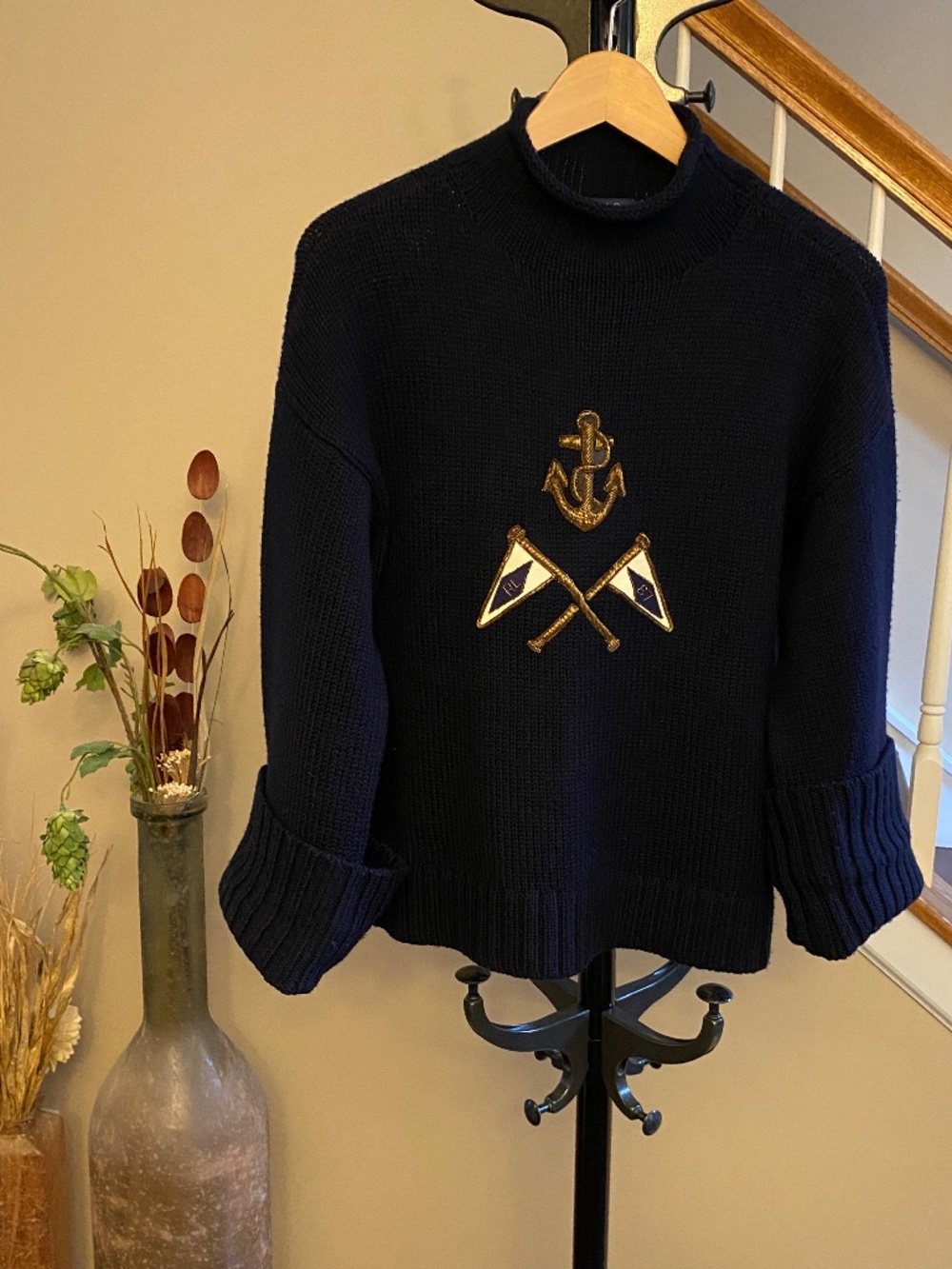 Polo Ralph Lauren Women's Wool Nautical Anchor Crest Navy Knit Sweater - Small